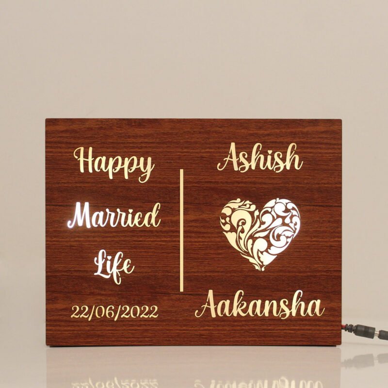 Couple Name Lamp with Date and "Happy Married Life" Message - Image 1