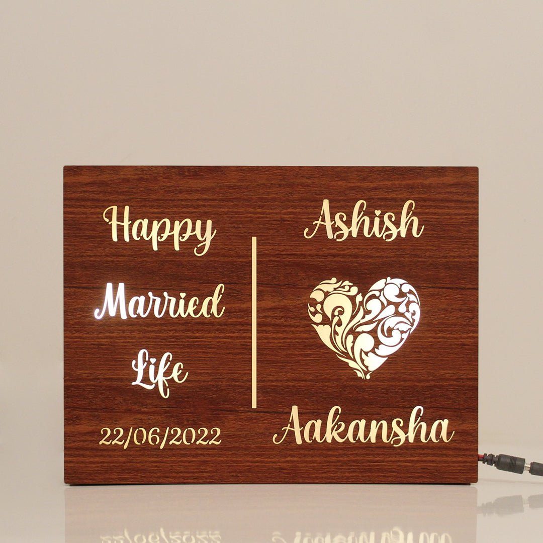 Couple Name Lamp with Date and "Happy Married Life" Message