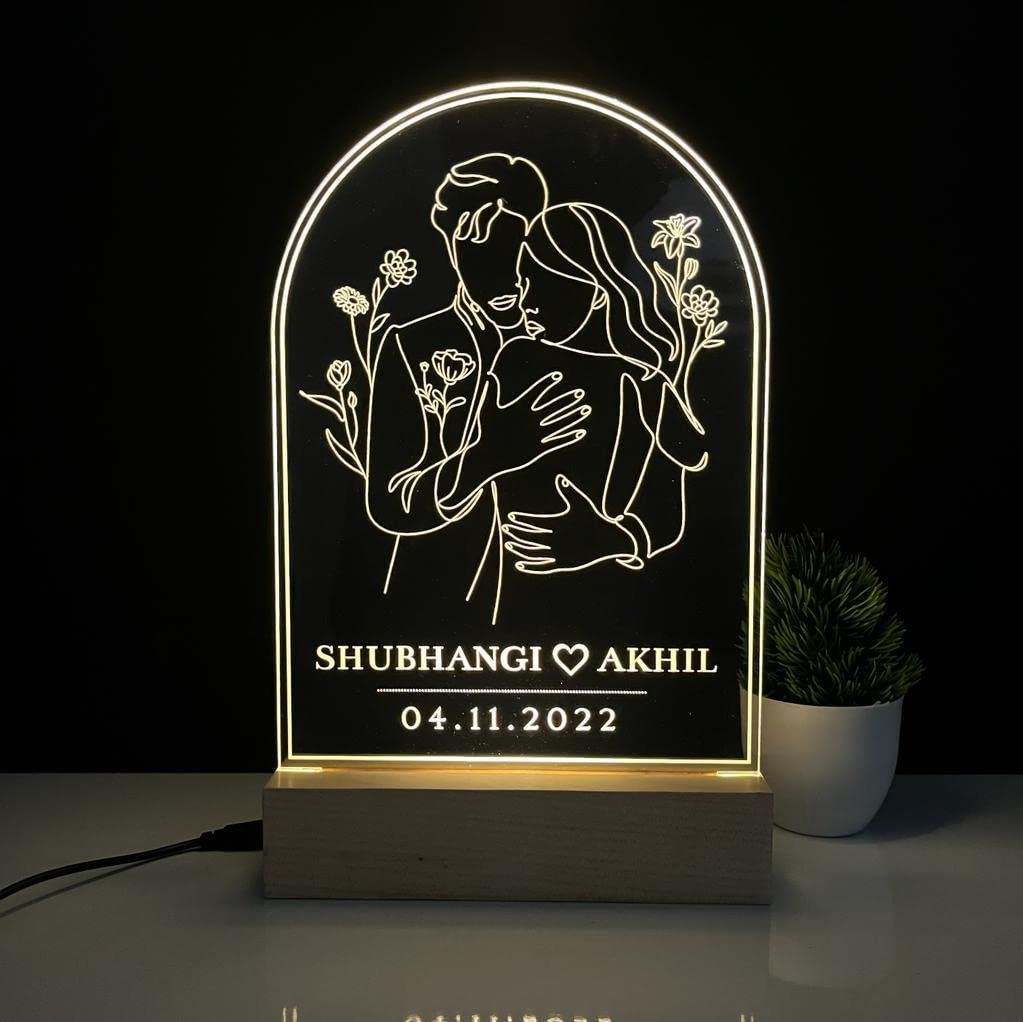 Couple Name Lamp with Date and Line Art Design