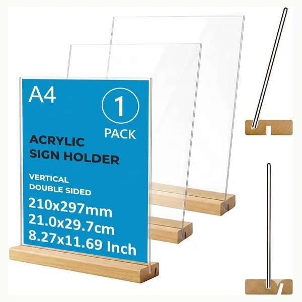 Acrylic sign holder with wooden base – A4, pack of 1
