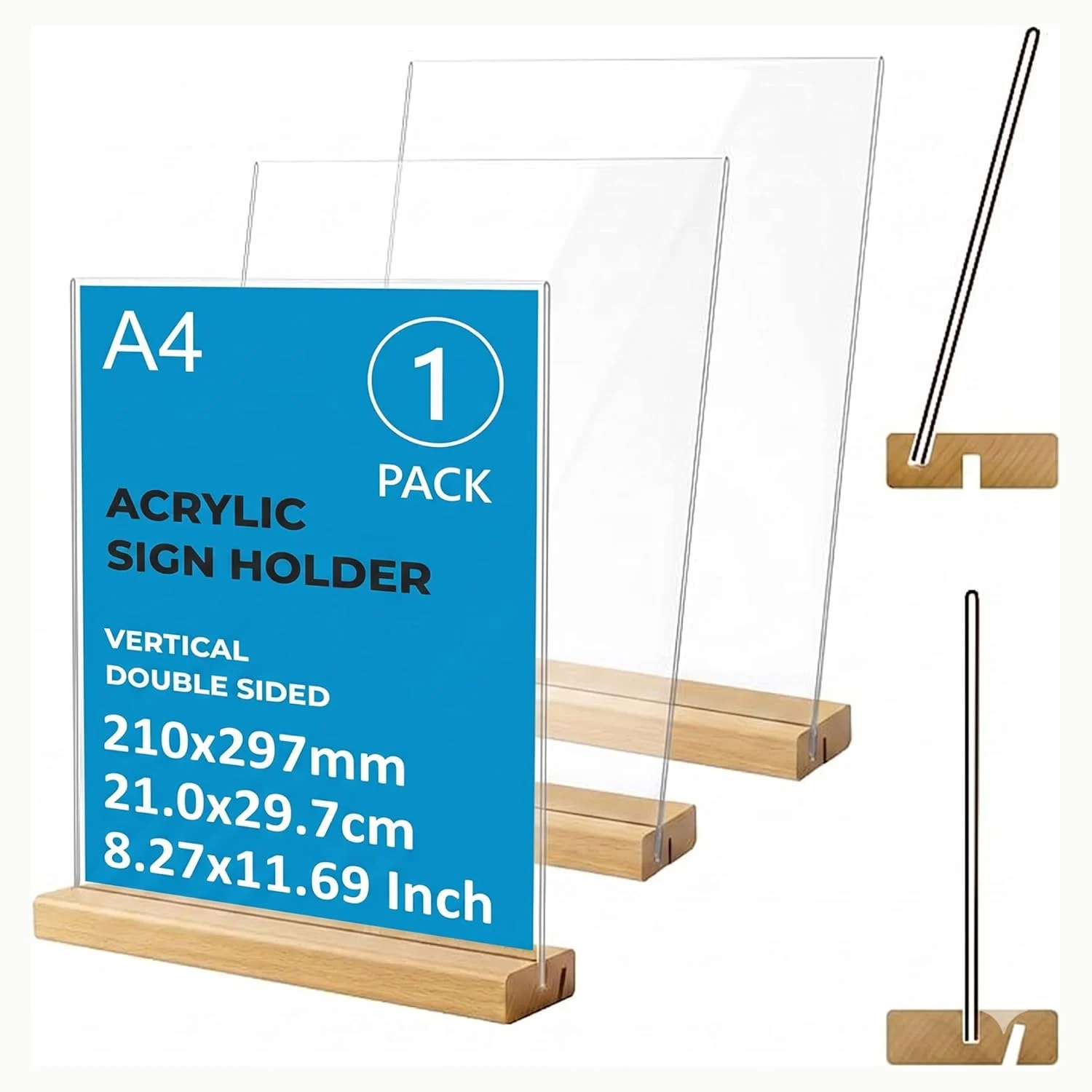 Acrylic sign holder with wooden base – A4, pack of 1