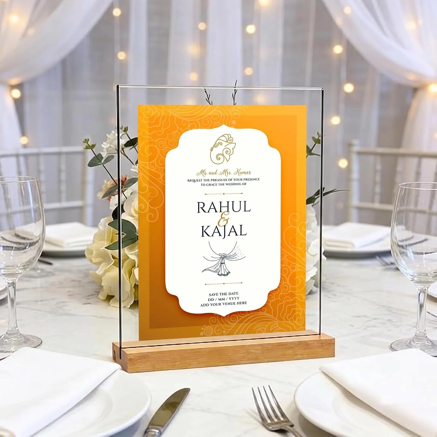 Acrylic sign holder with wooden base – wedding table sign