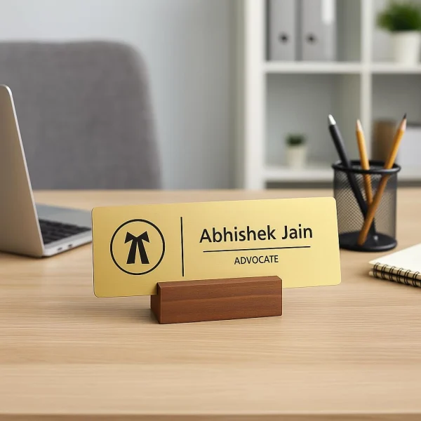 Acrylic desk name plate for advocates in brushed gold