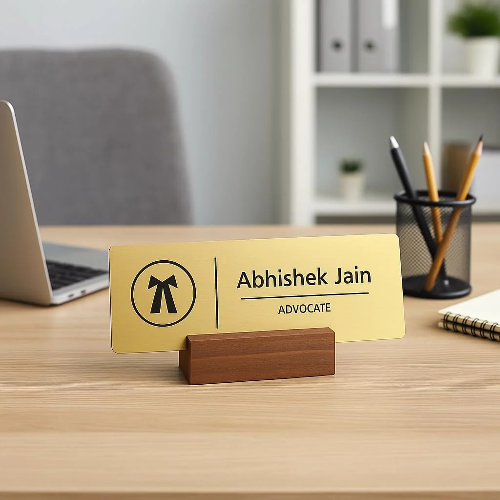 Acrylic desk name plate for advocates in brushed gold