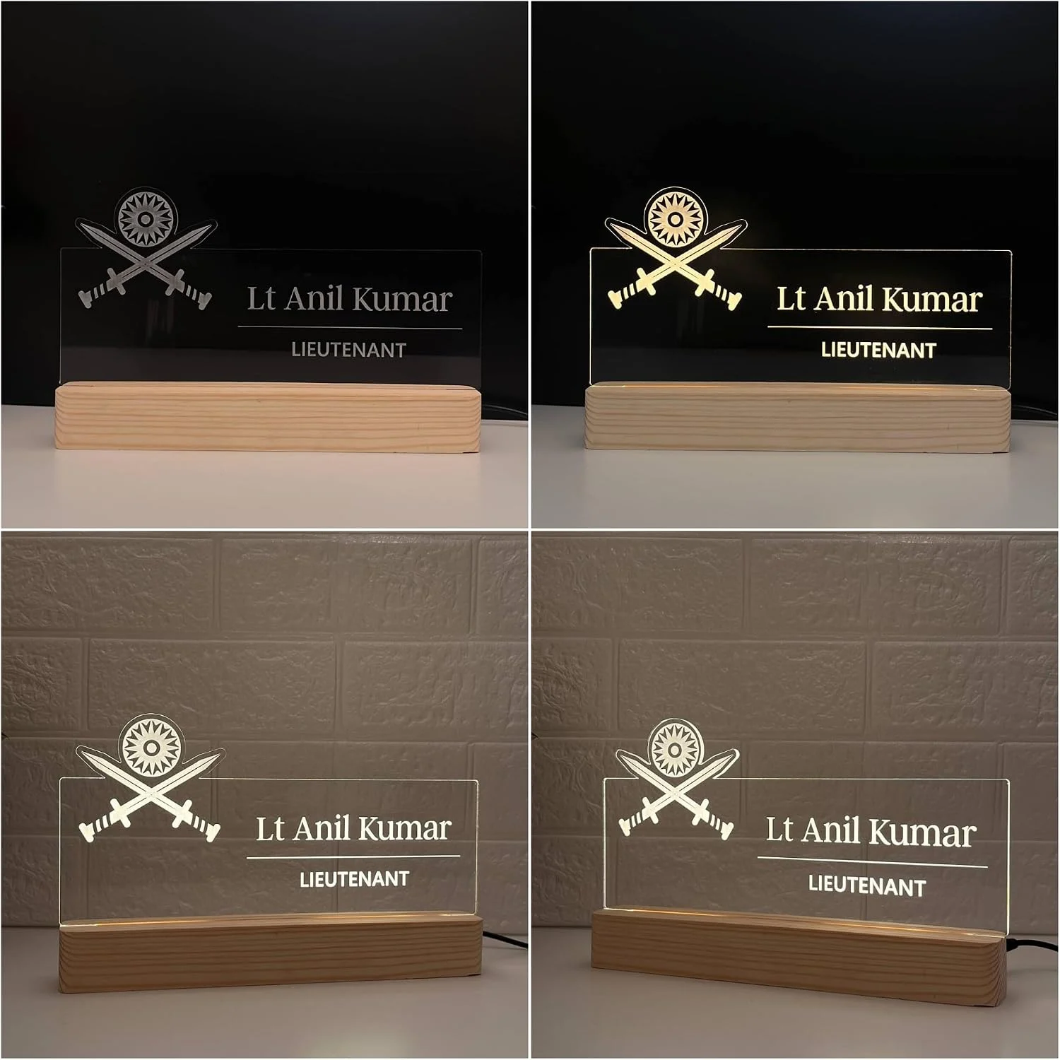 Personalised Name Lamp with Wooden Base for Army Officers – 10 x 6 inch – switched off