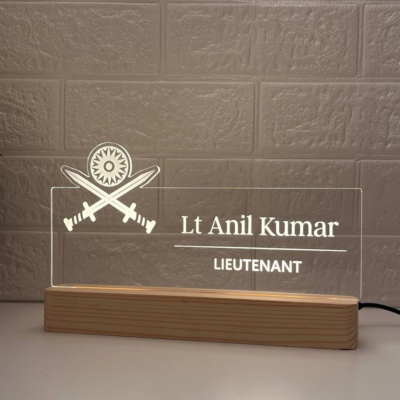 Personalised Name Lamp with Wooden Base for Army Officers – 10 x 6 inch – close-up