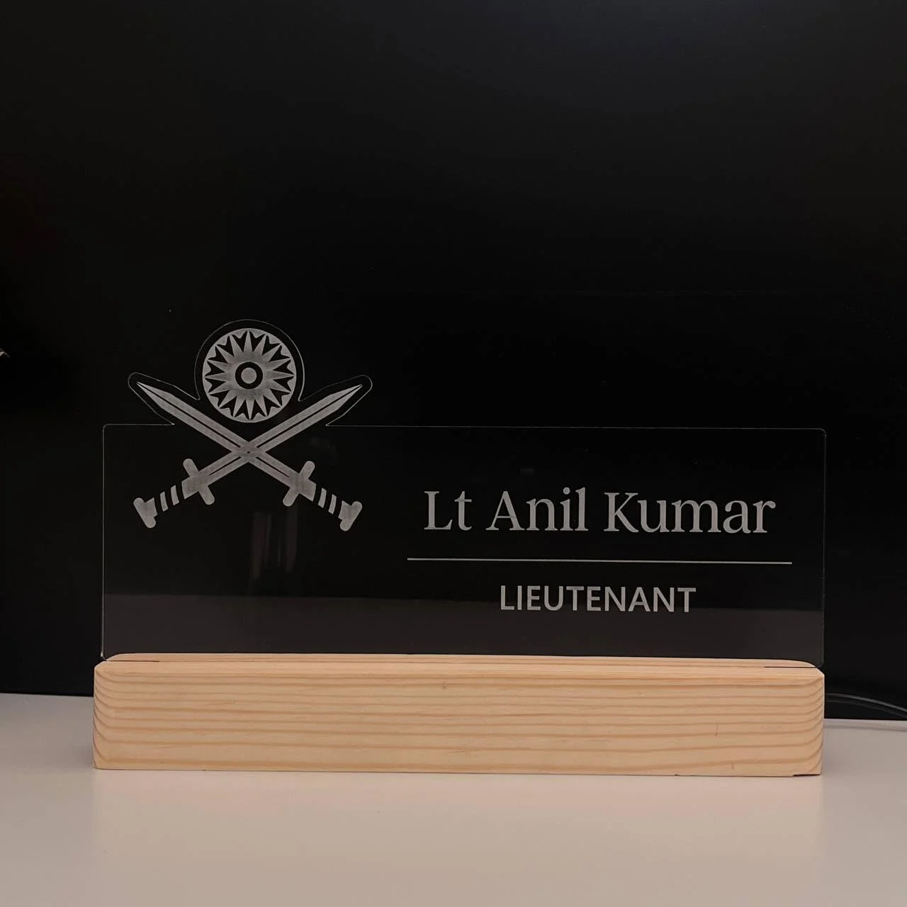 Personalised Name Lamp with Wooden Base for Army Officers – 10 x 6 inch – more views