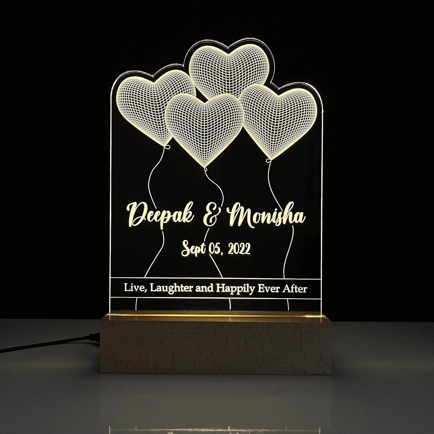 Heart Balloons Couple Name Lamp – Names & Date – glowing