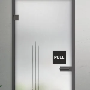 Black square push pull door sign – on a door