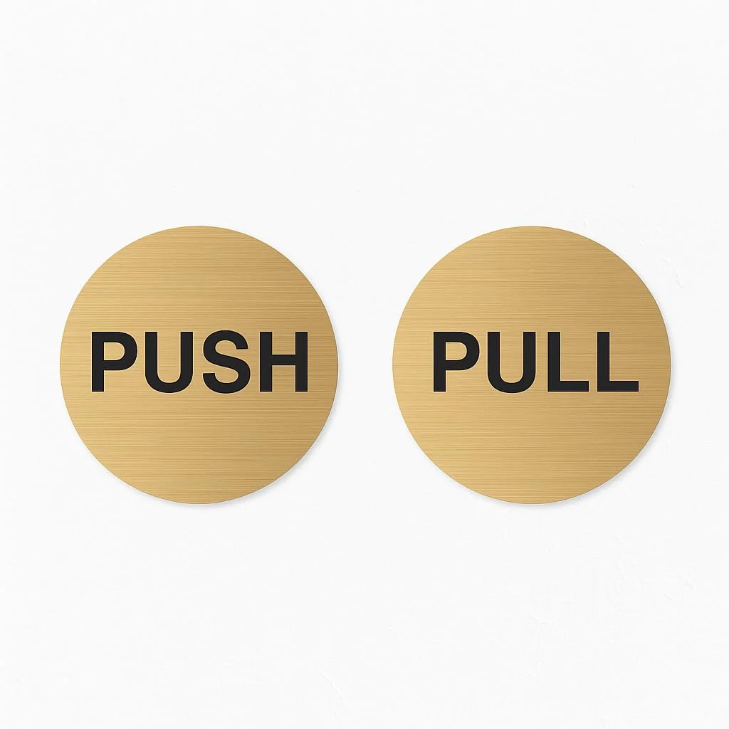 Brushed gold round push pull door sign