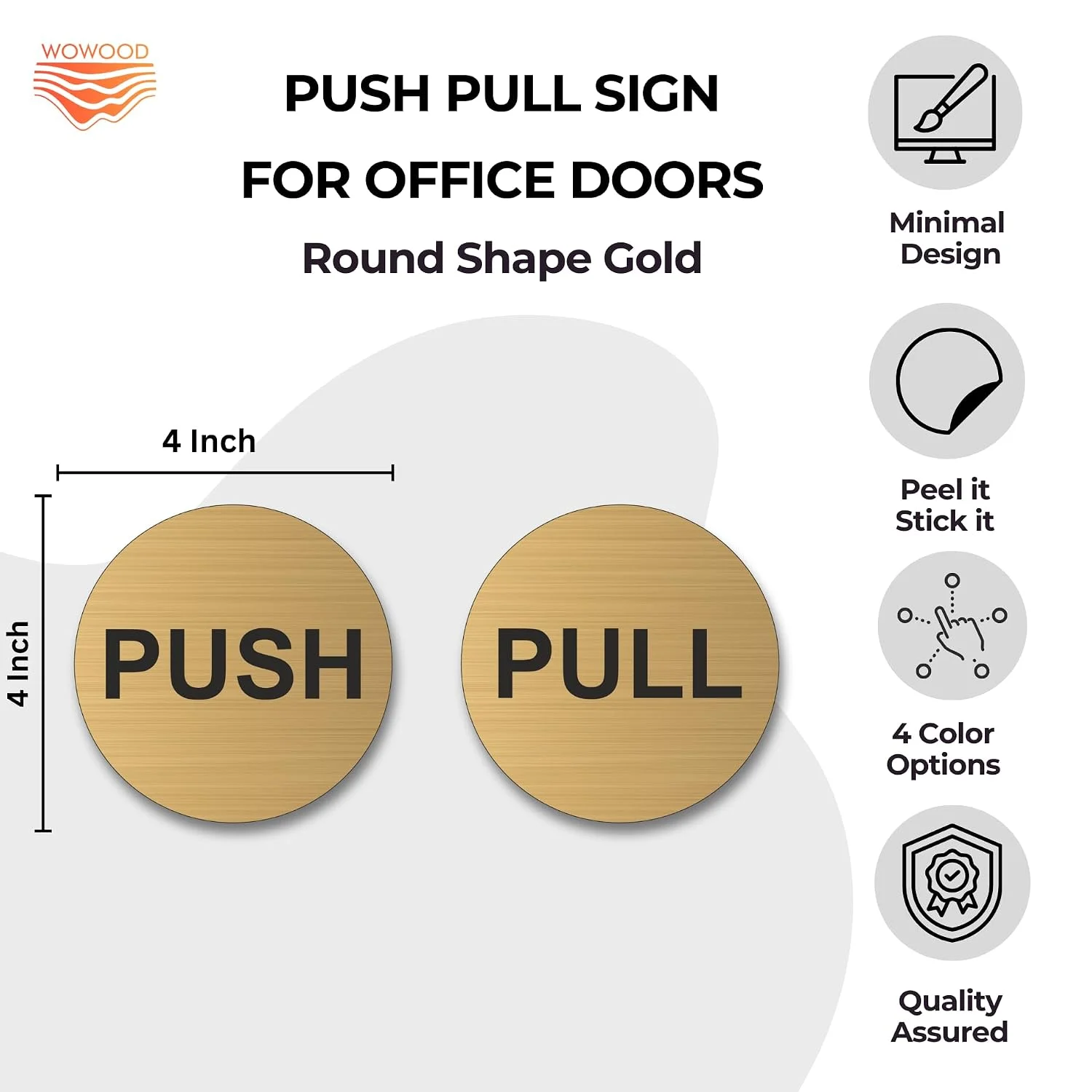 Brushed gold round push pull door sign – size 4 x 4 inch
