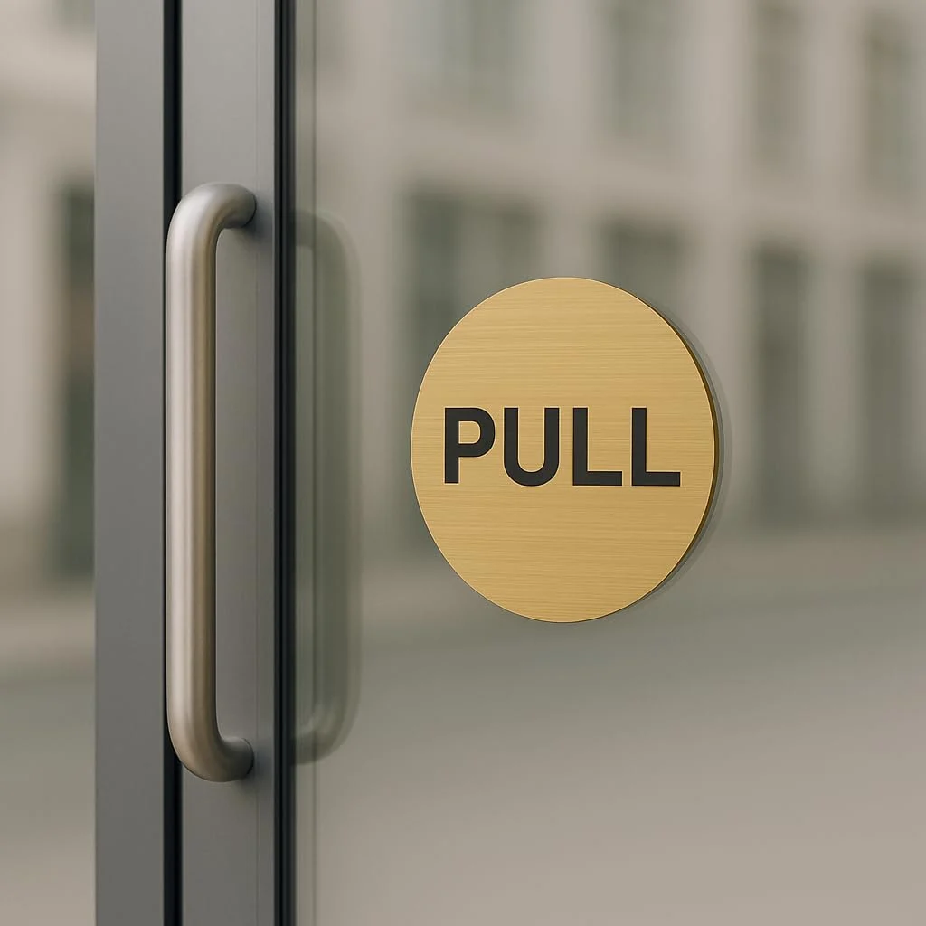 Brushed gold round push pull door sign – on a door