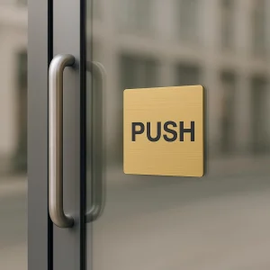 Brushed gold square push pull door sign – on a door