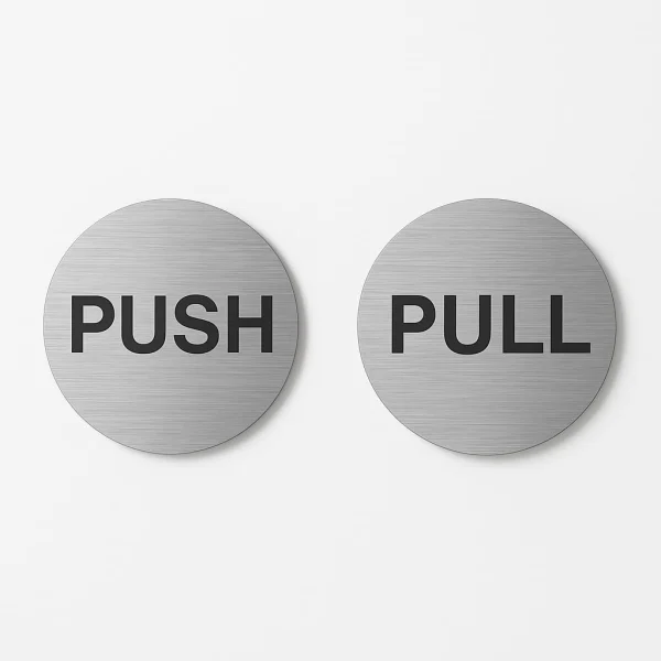 Brushed silver round push pull door sign