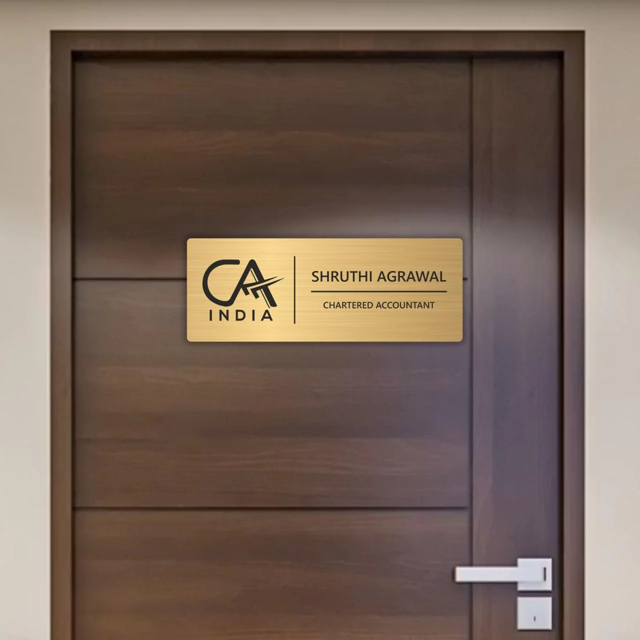 Self-Adhesive Acrylic Door Name Plate for Chartered Accountants – on a wooden door