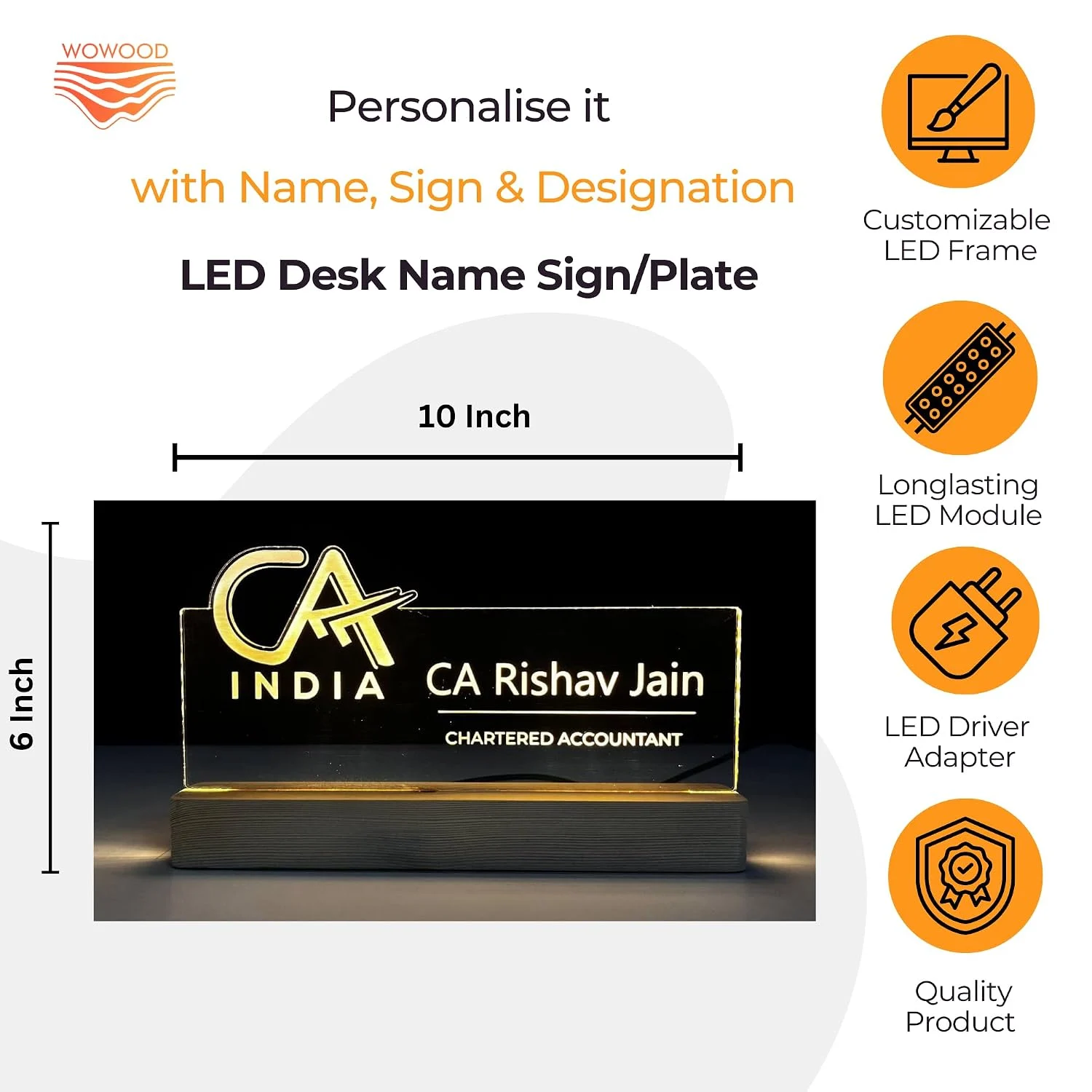 Personalised Name Lamp with Wooden Base for Chartered Accountants – 10 x 6 inch – size 10 x 6 inch