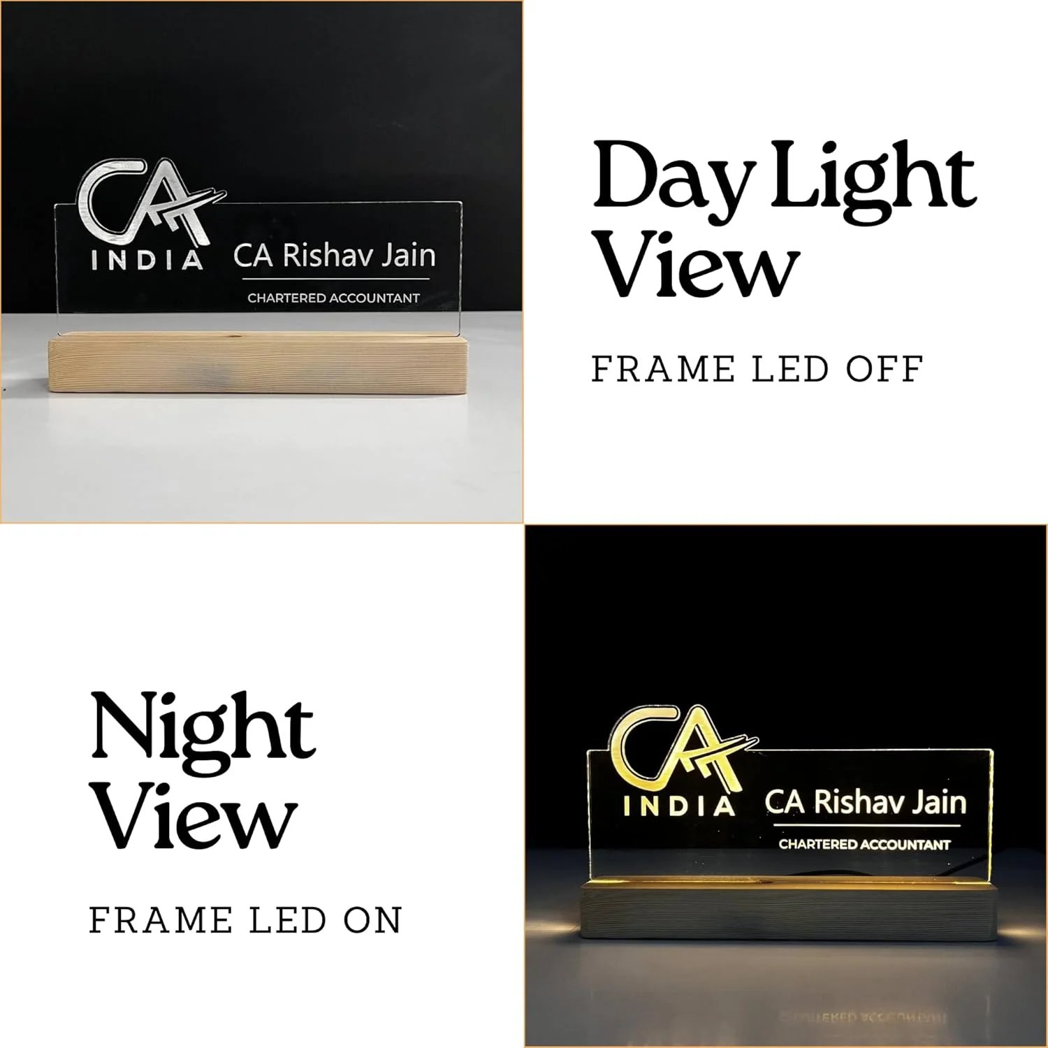 Personalised Name Lamp with Wooden Base for Chartered Accountants – 10 x 6 inch – day and night view