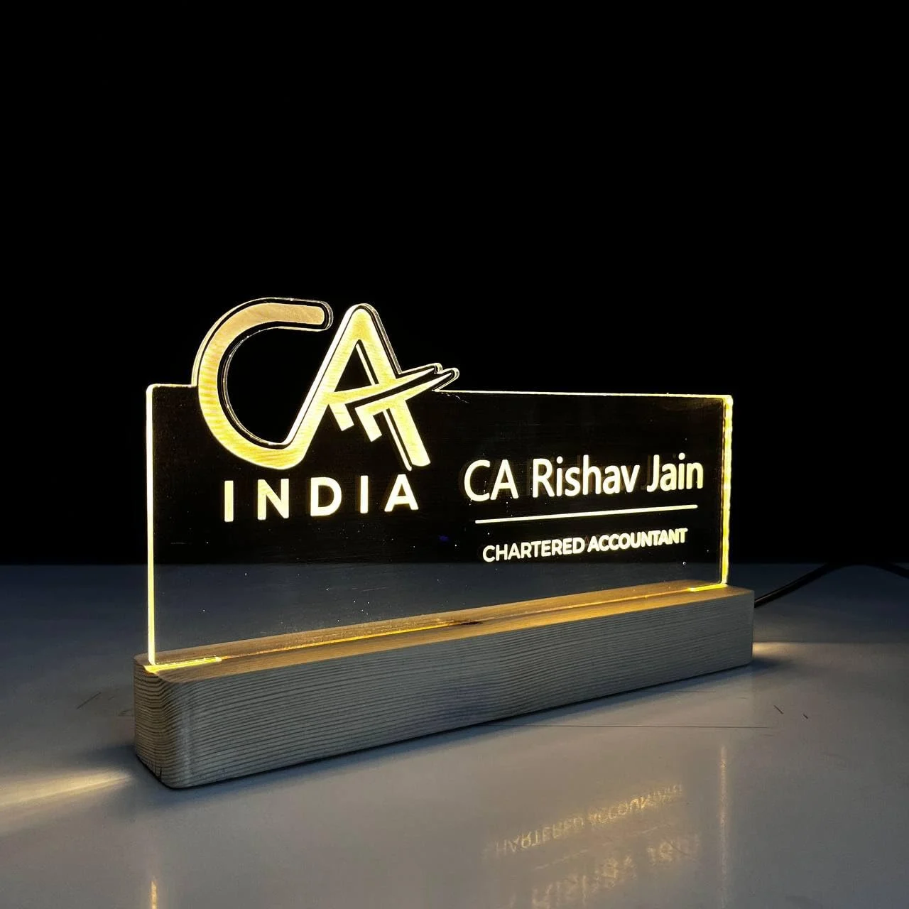 Personalised Name Lamp with Wooden Base for Chartered Accountants – 10 x 6 inch – switched off
