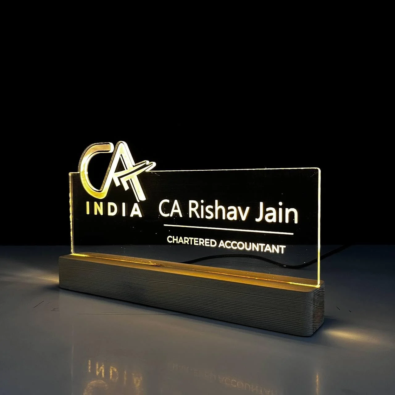 Personalised Name Lamp with Wooden Base for Chartered Accountants – 10 x 6 inch – side view