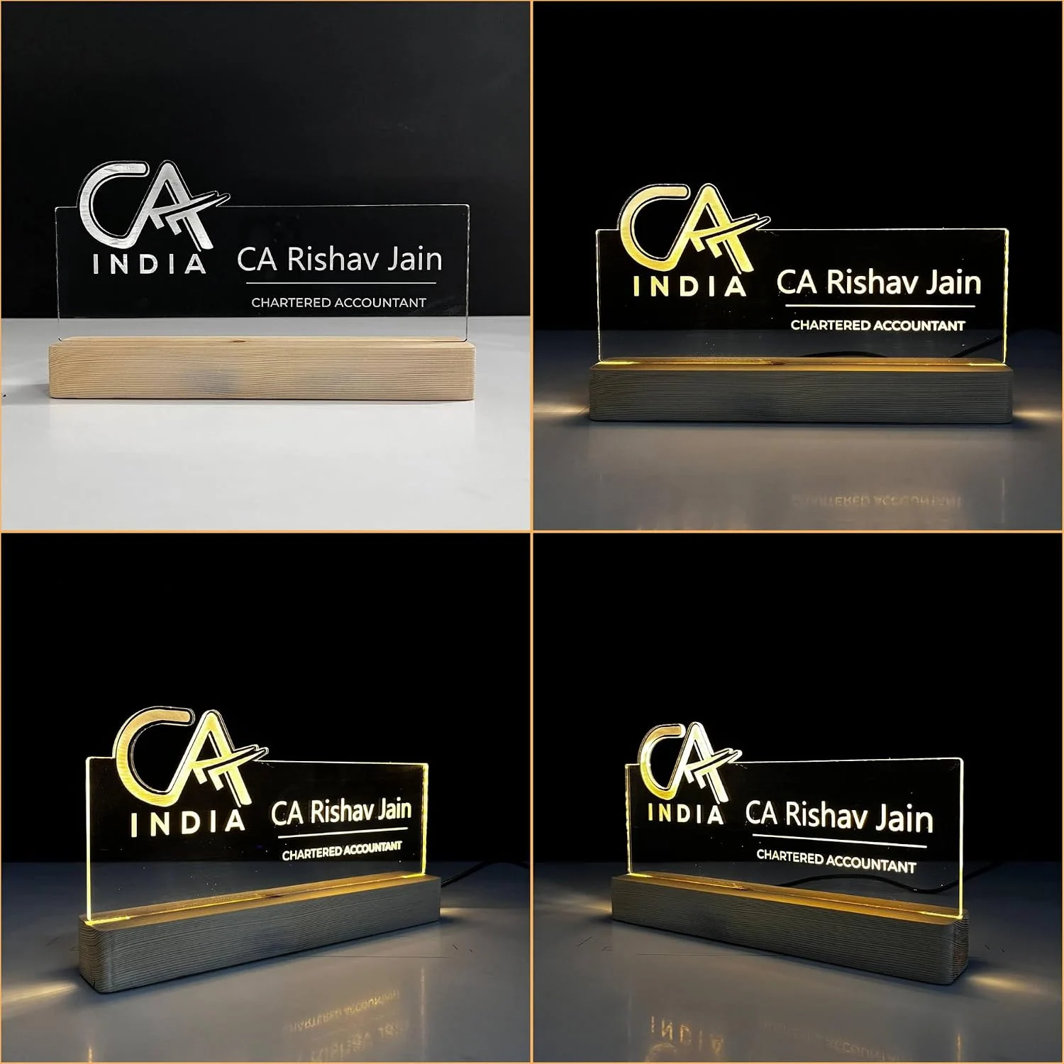 Personalised Name Lamp with Wooden Base for Chartered Accountants – 10 x 6 inch – close-up