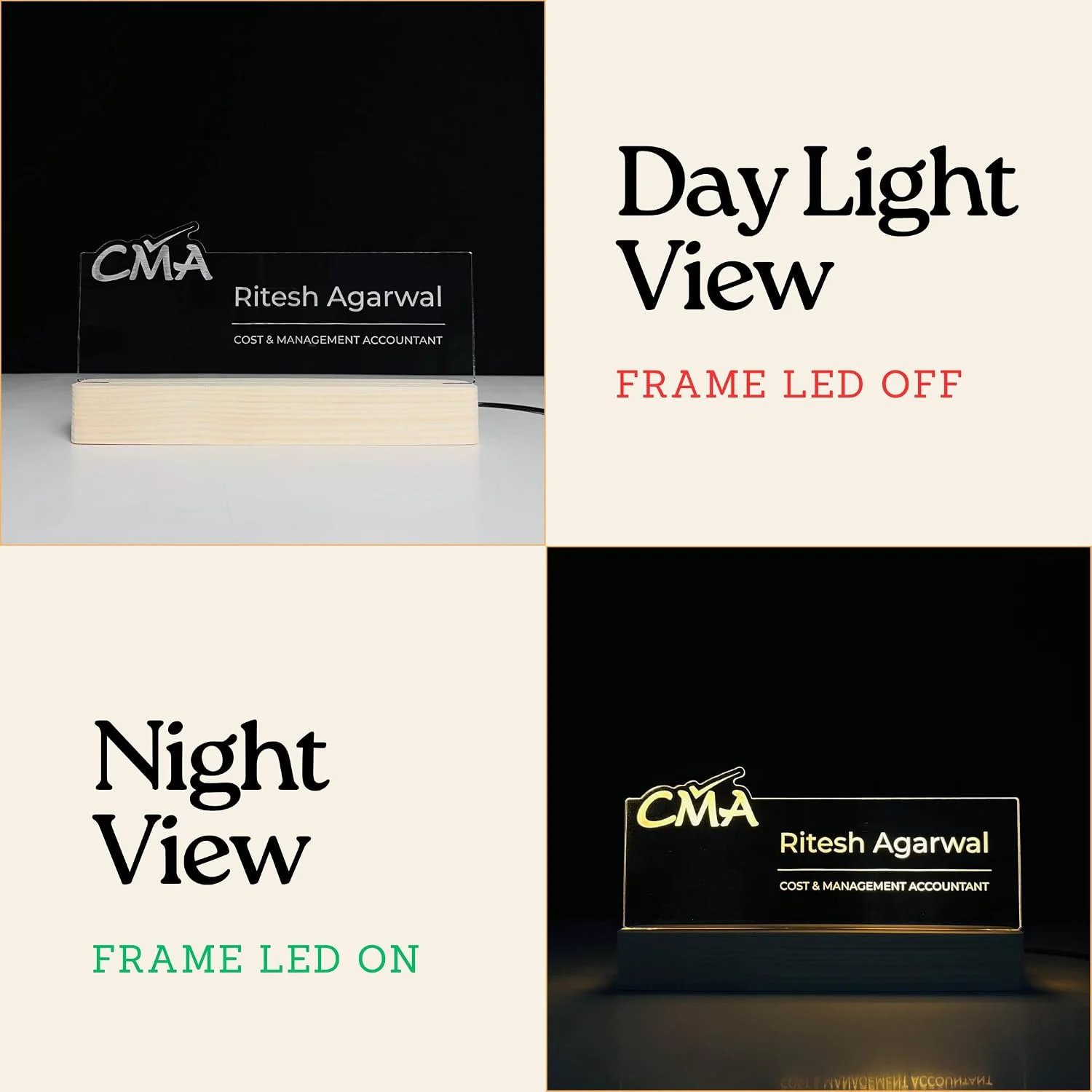 Personalised Name Lamp with Wooden Base for Cost & Management Accountants – 10 x 6 inch – day and night view
