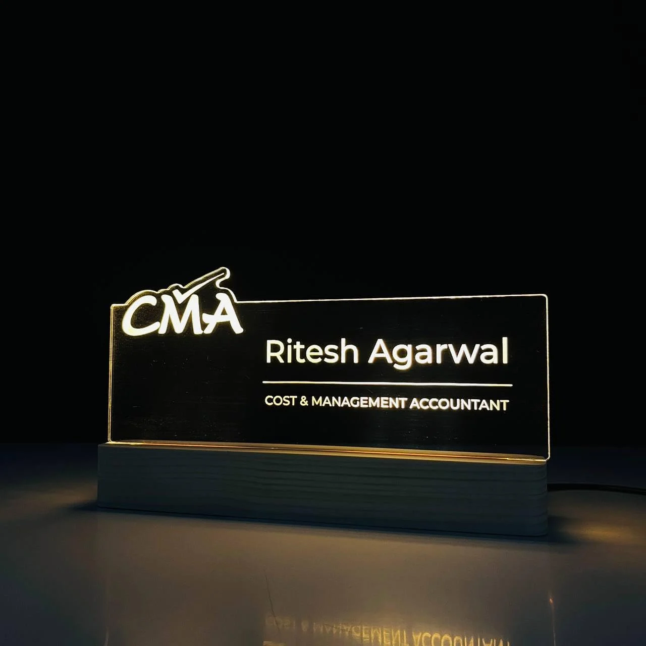 Personalised Name Lamp with Wooden Base for Cost & Management Accountants – 10 x 6 inch – switched off