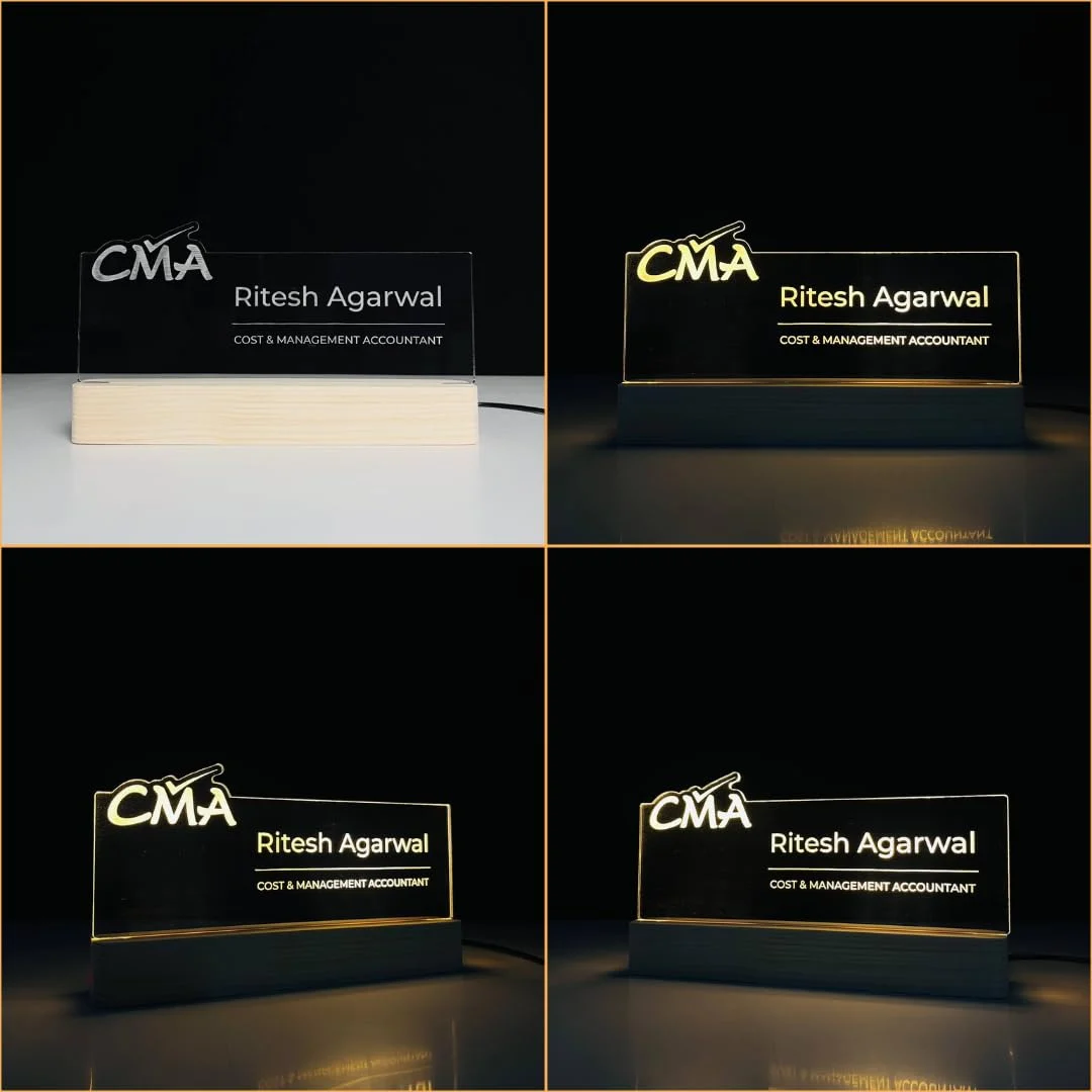 Personalised Name Lamp with Wooden Base for Cost & Management Accountants – 10 x 6 inch – side view