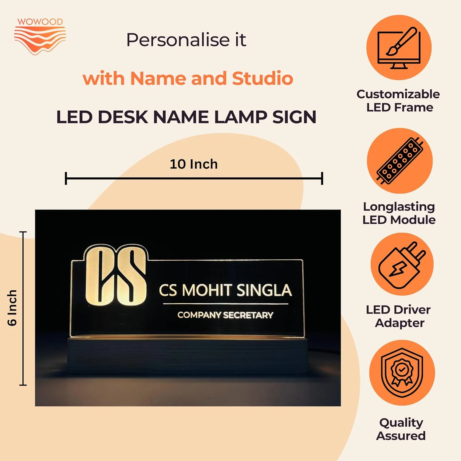 Personalised Name Lamp with Wooden Base for Company Secretaries – 10 x 6 inch – size 10 x 6 inch