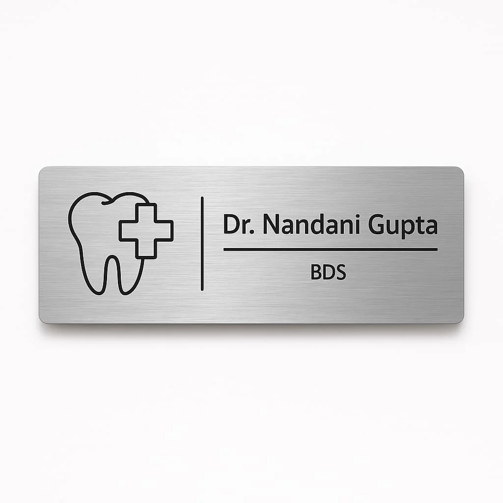 Self-Adhesive Acrylic Door Name Plate for Dentists – brushed silver