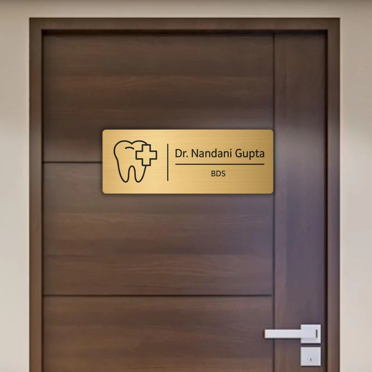 Self-Adhesive Acrylic Door Name Plate for Dentists – on a wooden door