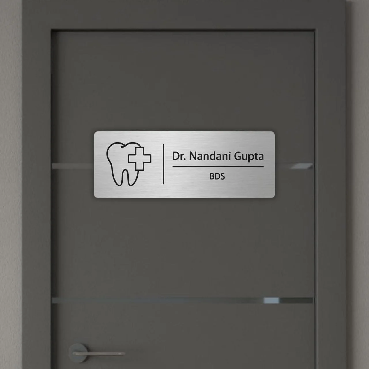 Self-Adhesive Acrylic Door Name Plate for Dentists – on a grey door