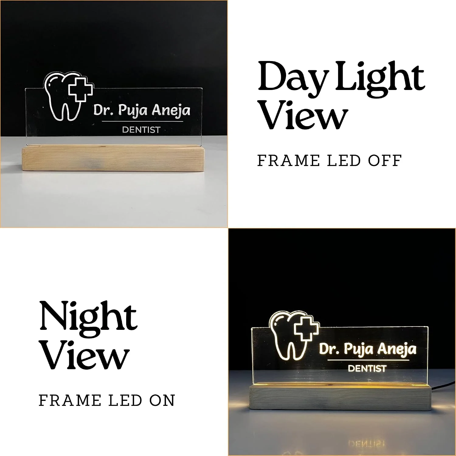 Personalised Name Lamp with Wooden Base for Dentists – 10 x 6 inch – day and night view