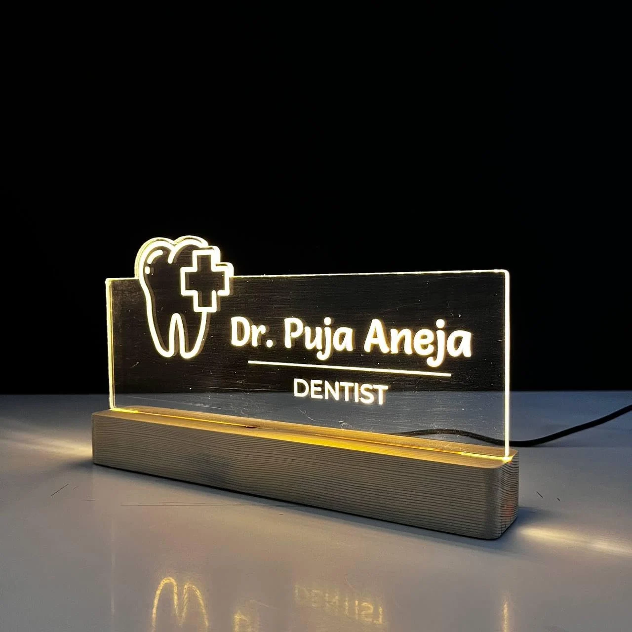 Personalised Name Lamp with Wooden Base for Dentists – 10 x 6 inch – side view