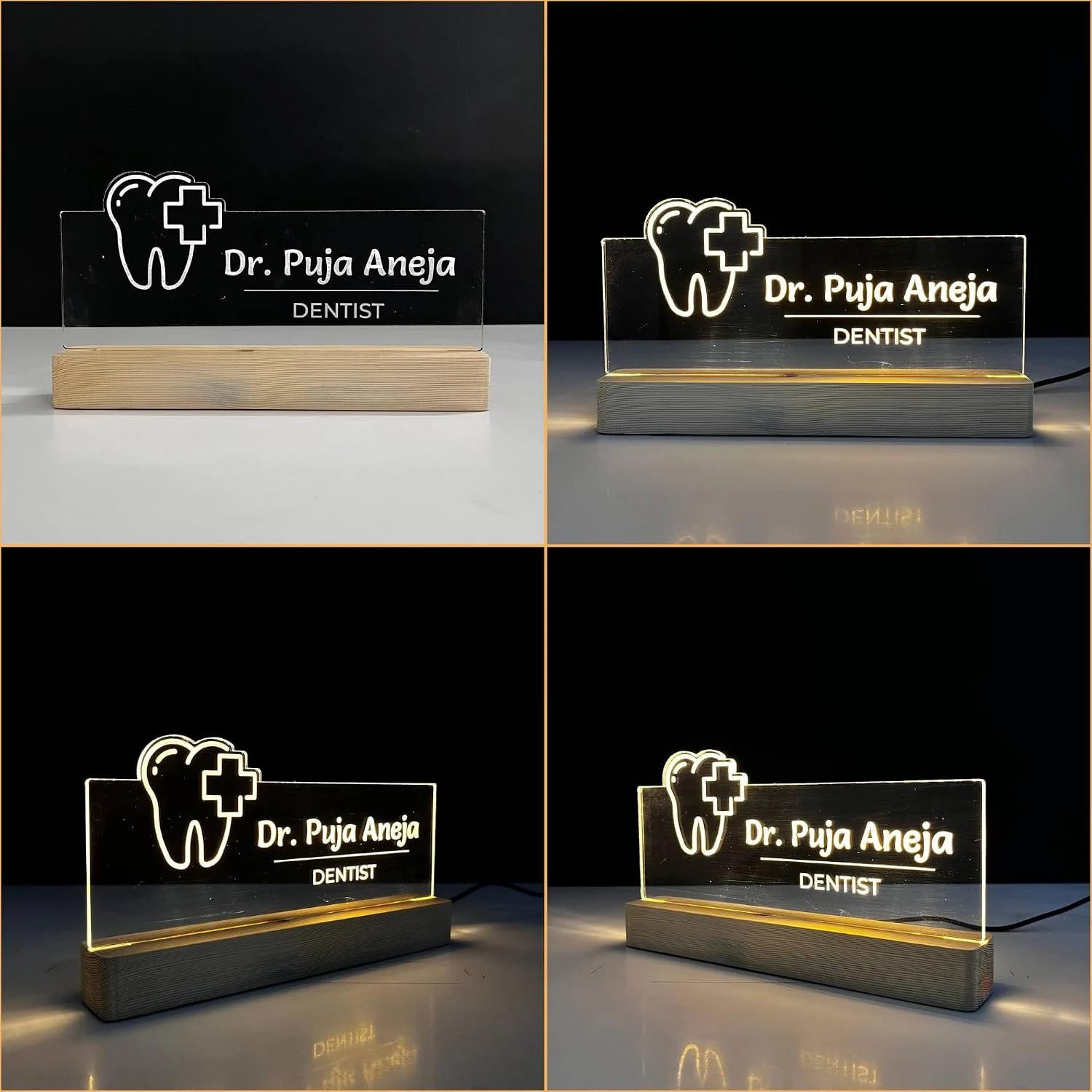 Personalised Name Lamp with Wooden Base for Dentists – 10 x 6 inch – close-up