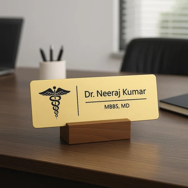 Acrylic desk name plate for doctors in brushed gold