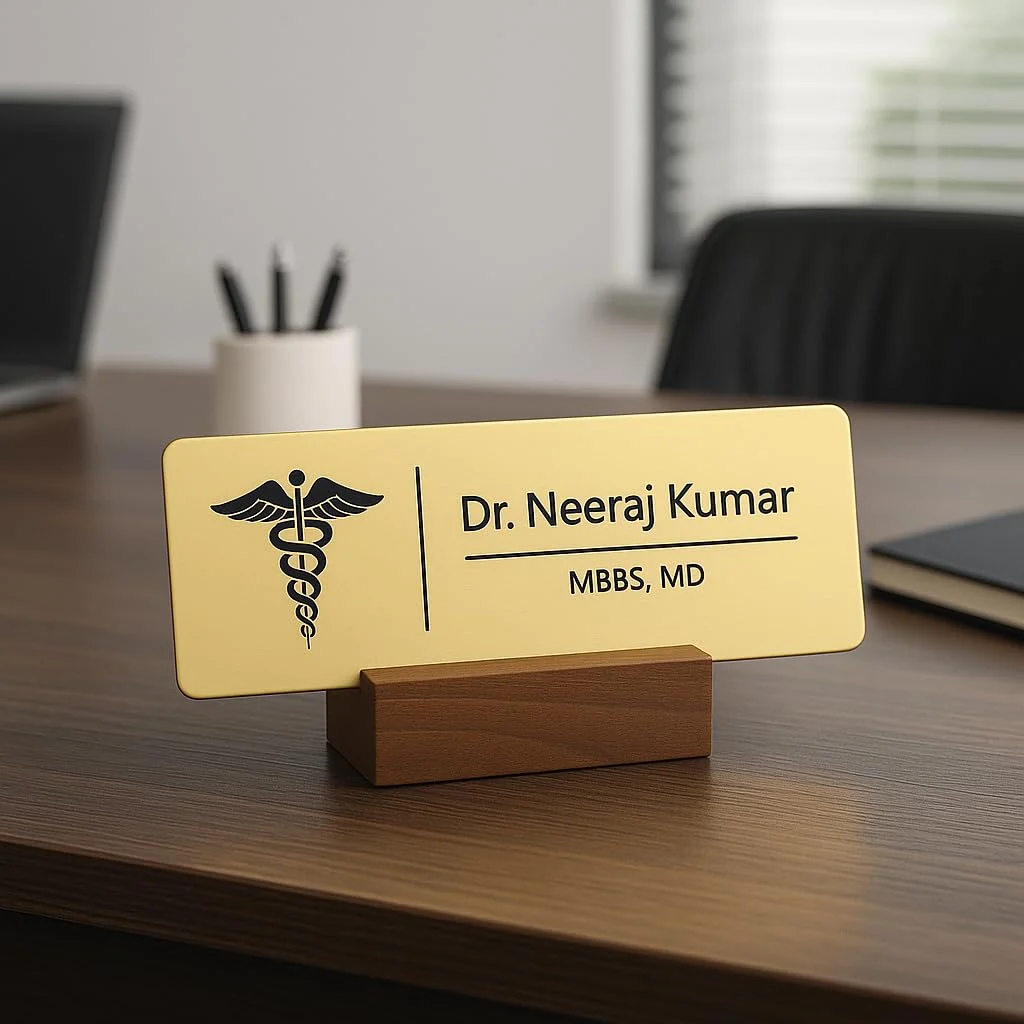 Acrylic desk name plate for doctors in brushed gold