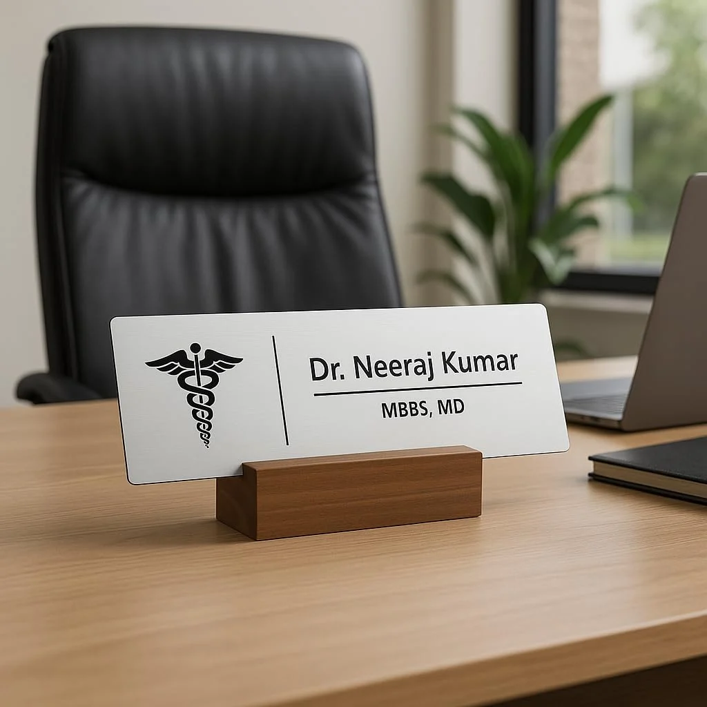Acrylic desk name plate for doctors – brushed silver on a desk