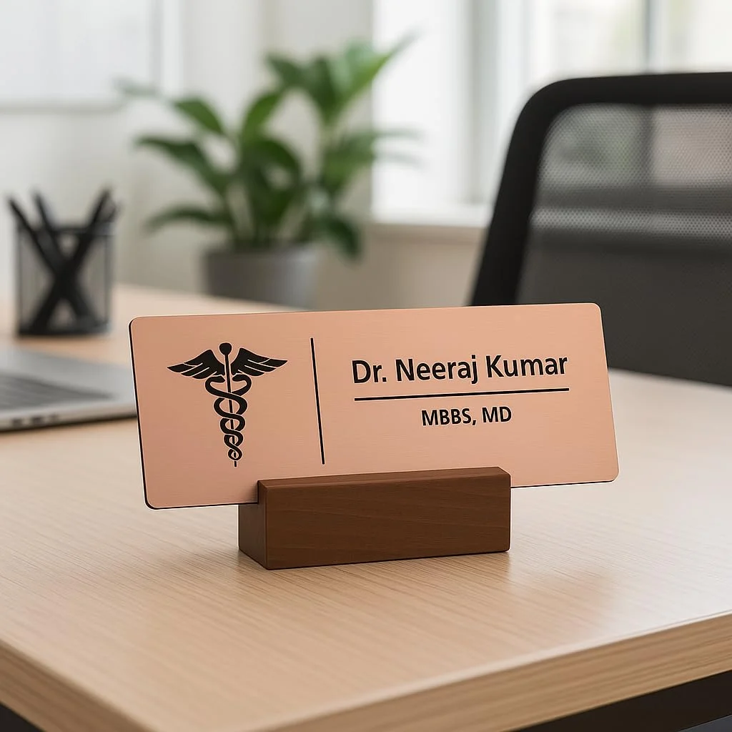 Acrylic desk name plate for doctors – brushed rose gold on a desk