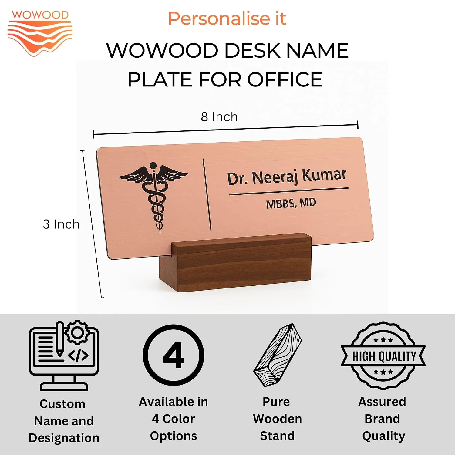 Acrylic desk name plate for doctors – size 8 x 3 inch