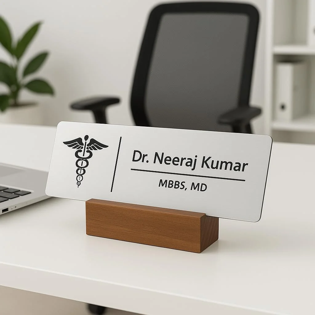 Acrylic desk name plate for doctors – brushed silver