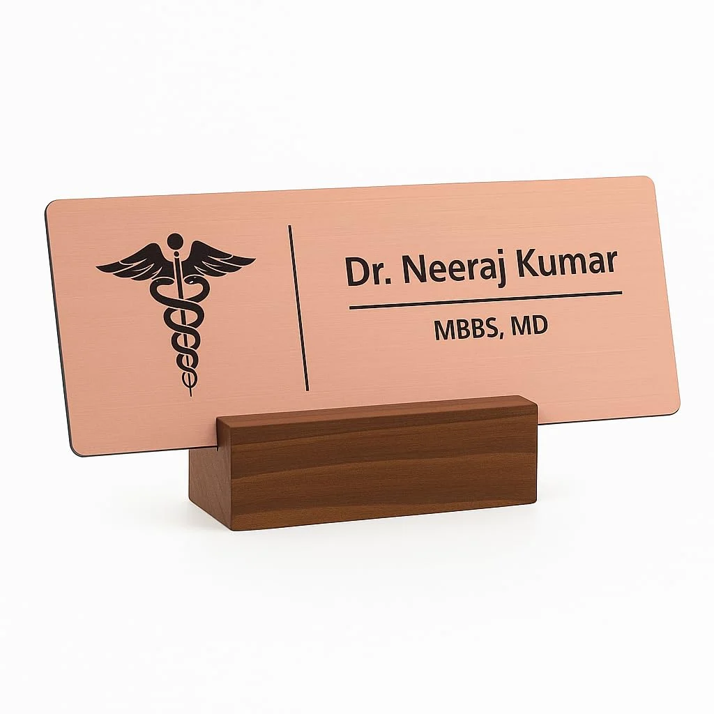 Acrylic desk name plate for doctors – brushed rose gold