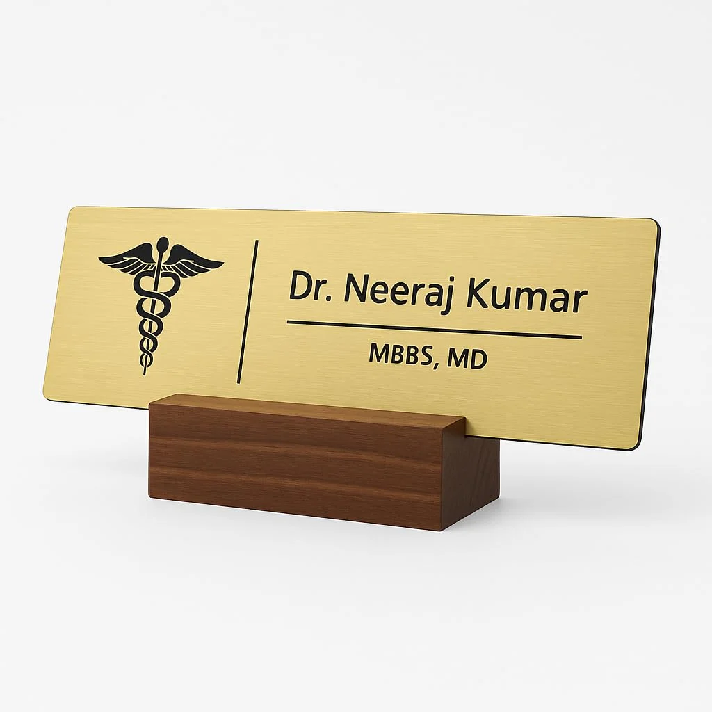 Acrylic desk name plate for doctors – brushed gold