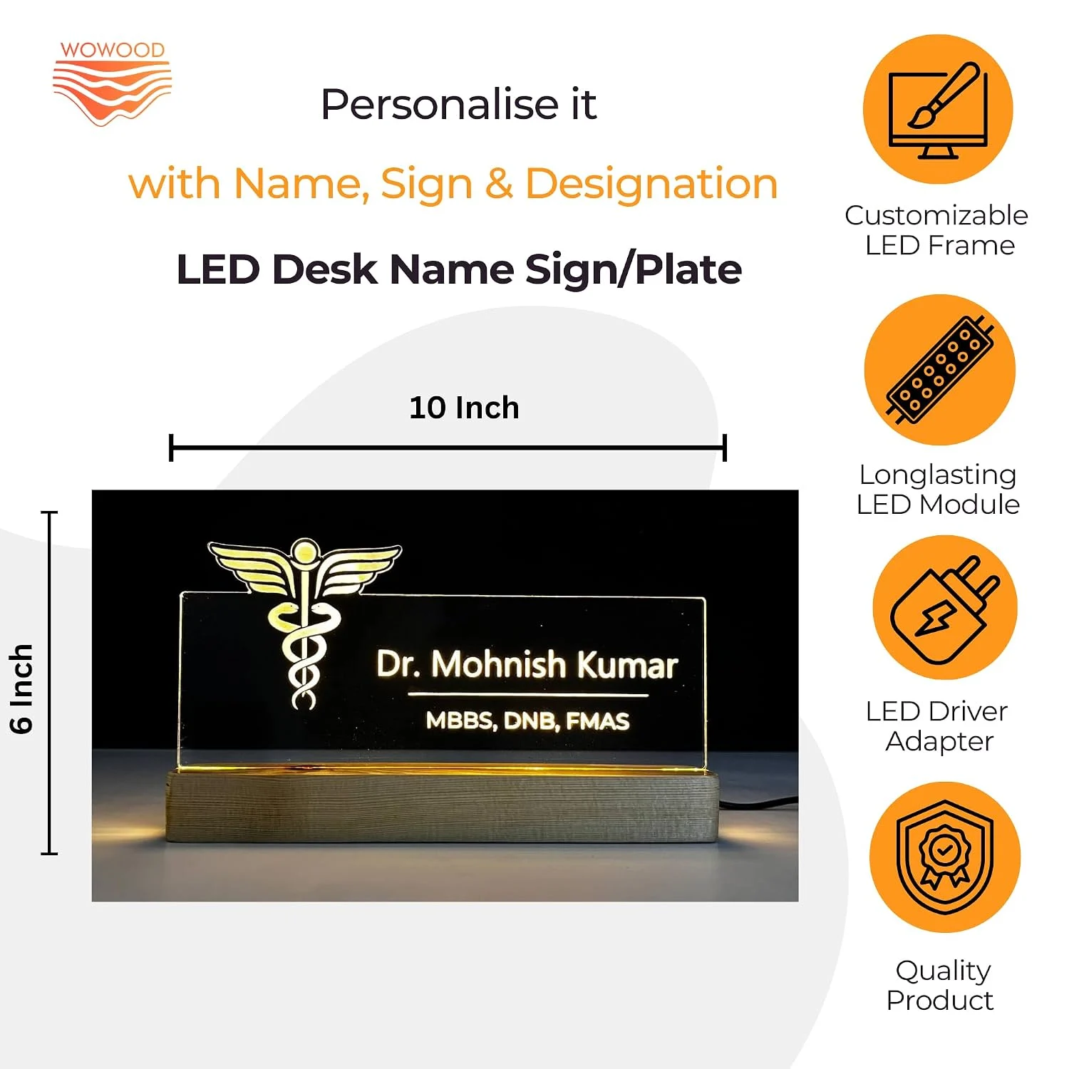 Personalised Name Lamp with Wooden Base for Doctors (Caduceus) – 10 x 6 inch – size 10 x 6 inch