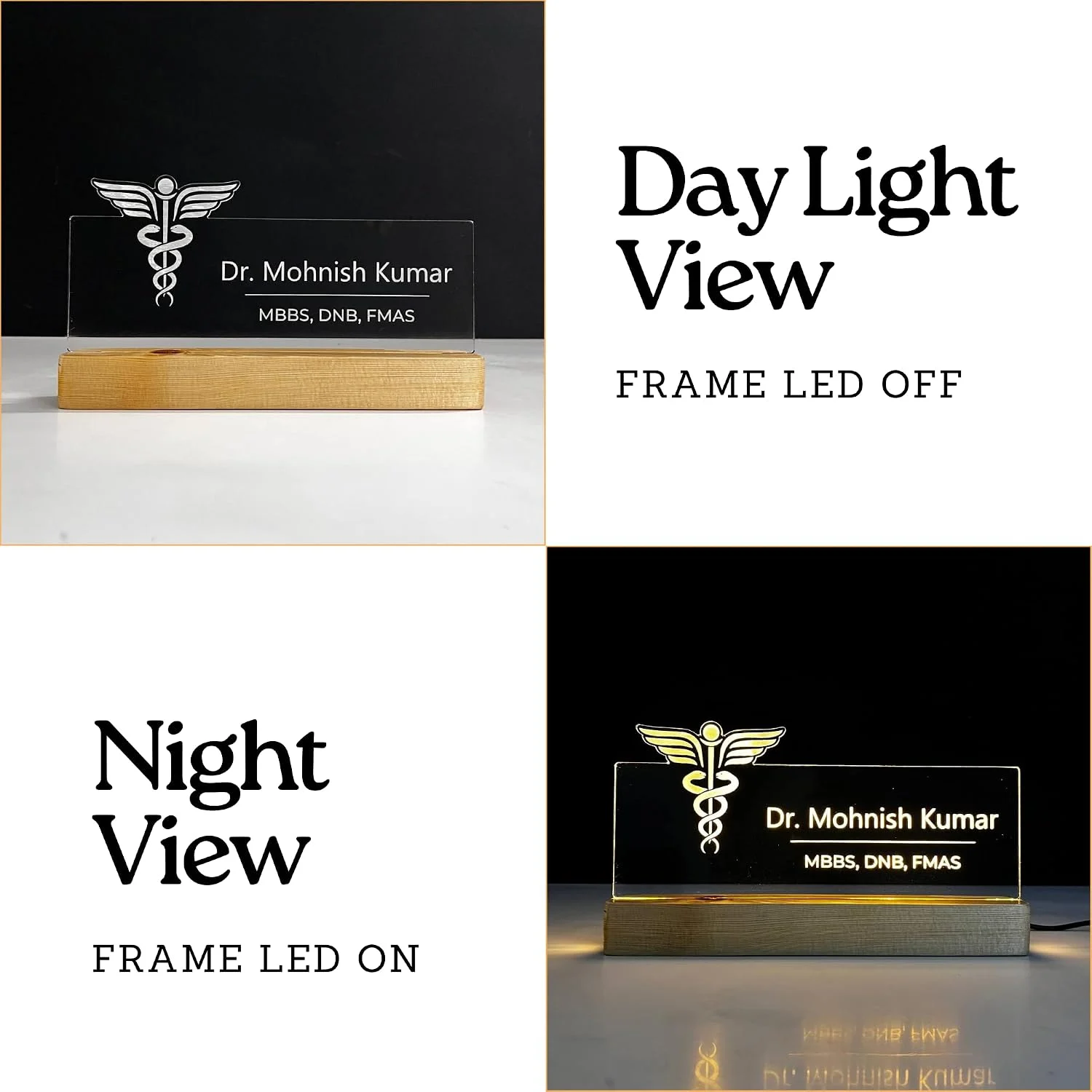 Personalised Name Lamp with Wooden Base for Doctors (Caduceus) – 10 x 6 inch – day and night view