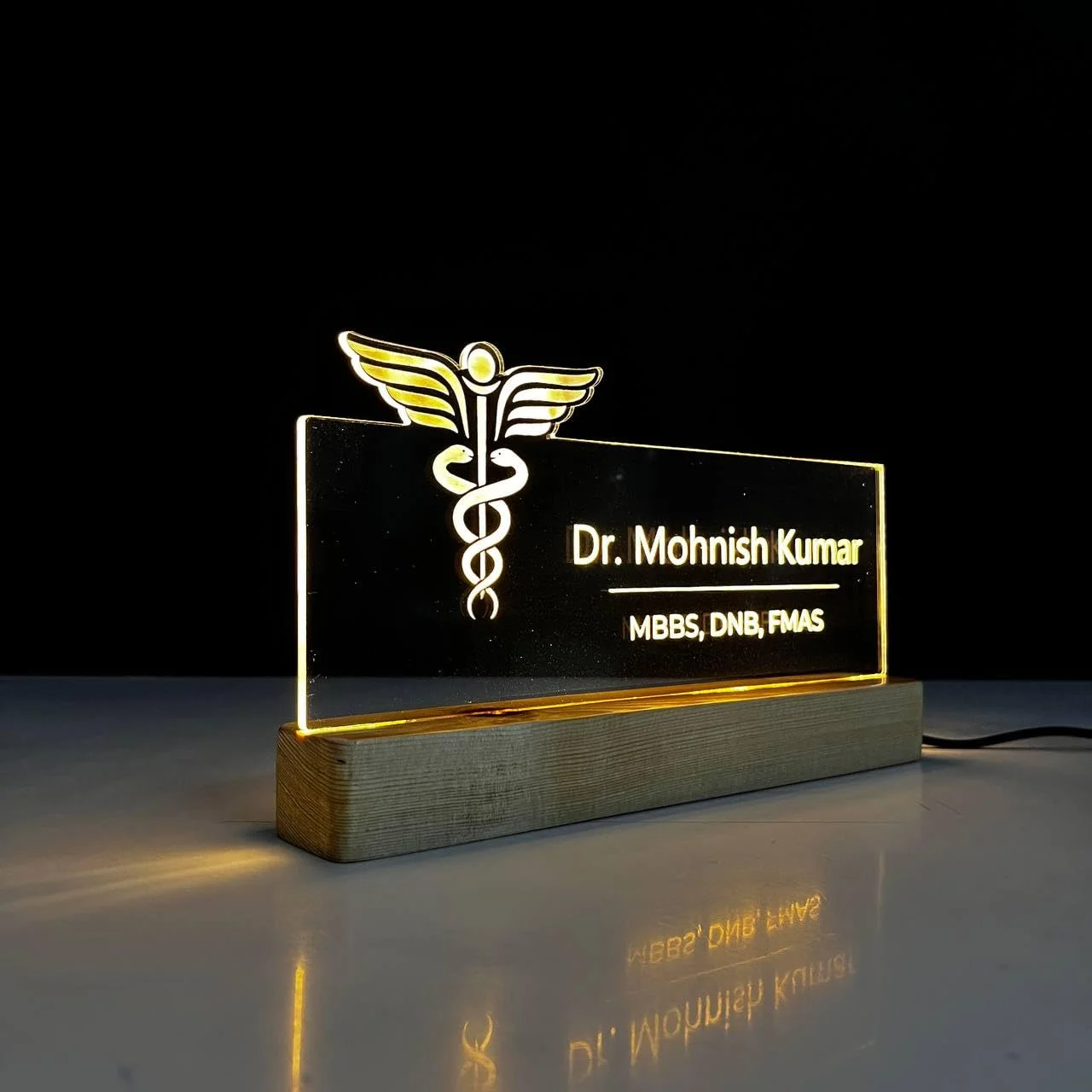 Personalised Name Lamp with Wooden Base for Doctors (Caduceus) – 10 x 6 inch – switched off