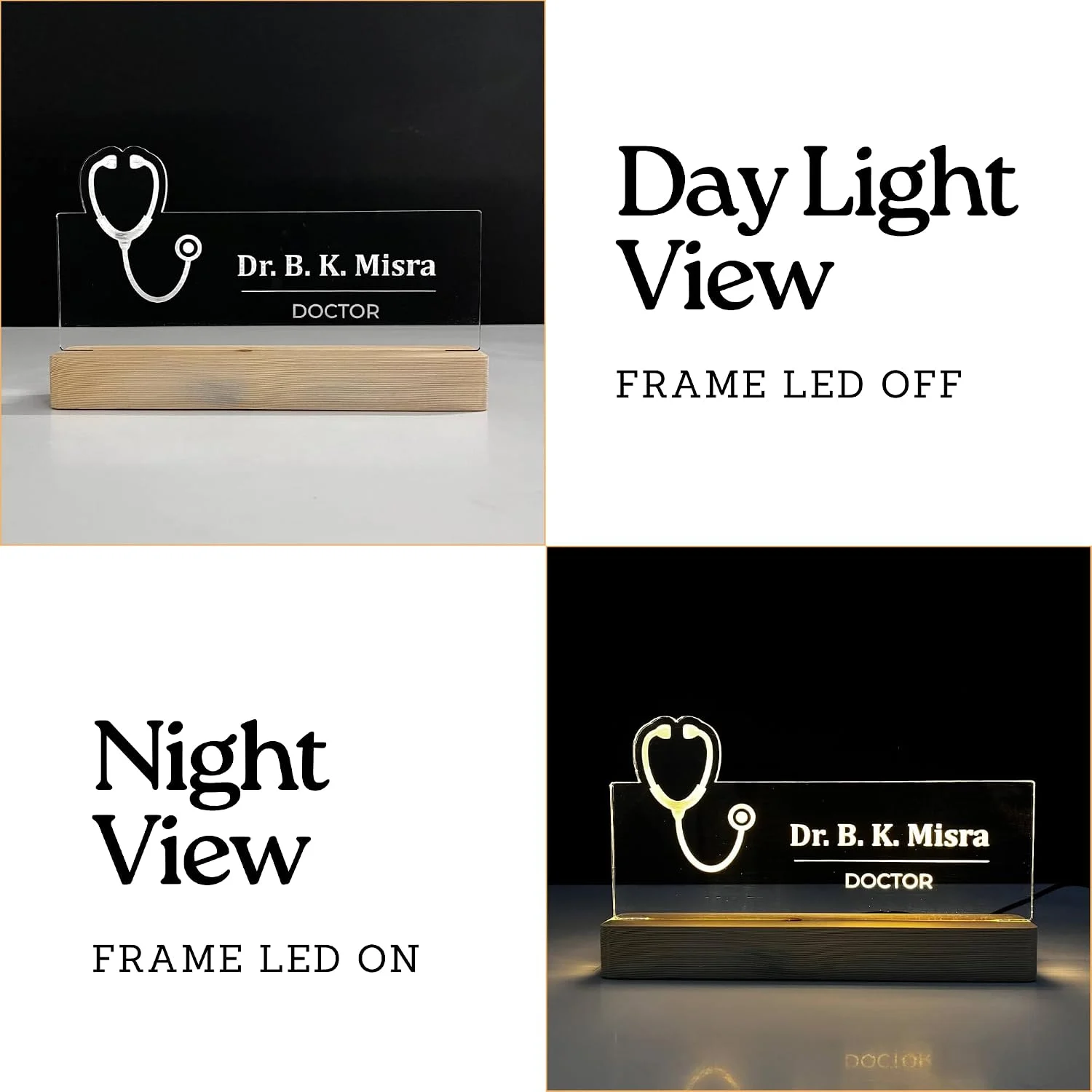 Personalised Name Lamp with Wooden Base for Doctors (Stethoscope) – 10 x 6 inch – day and night view
