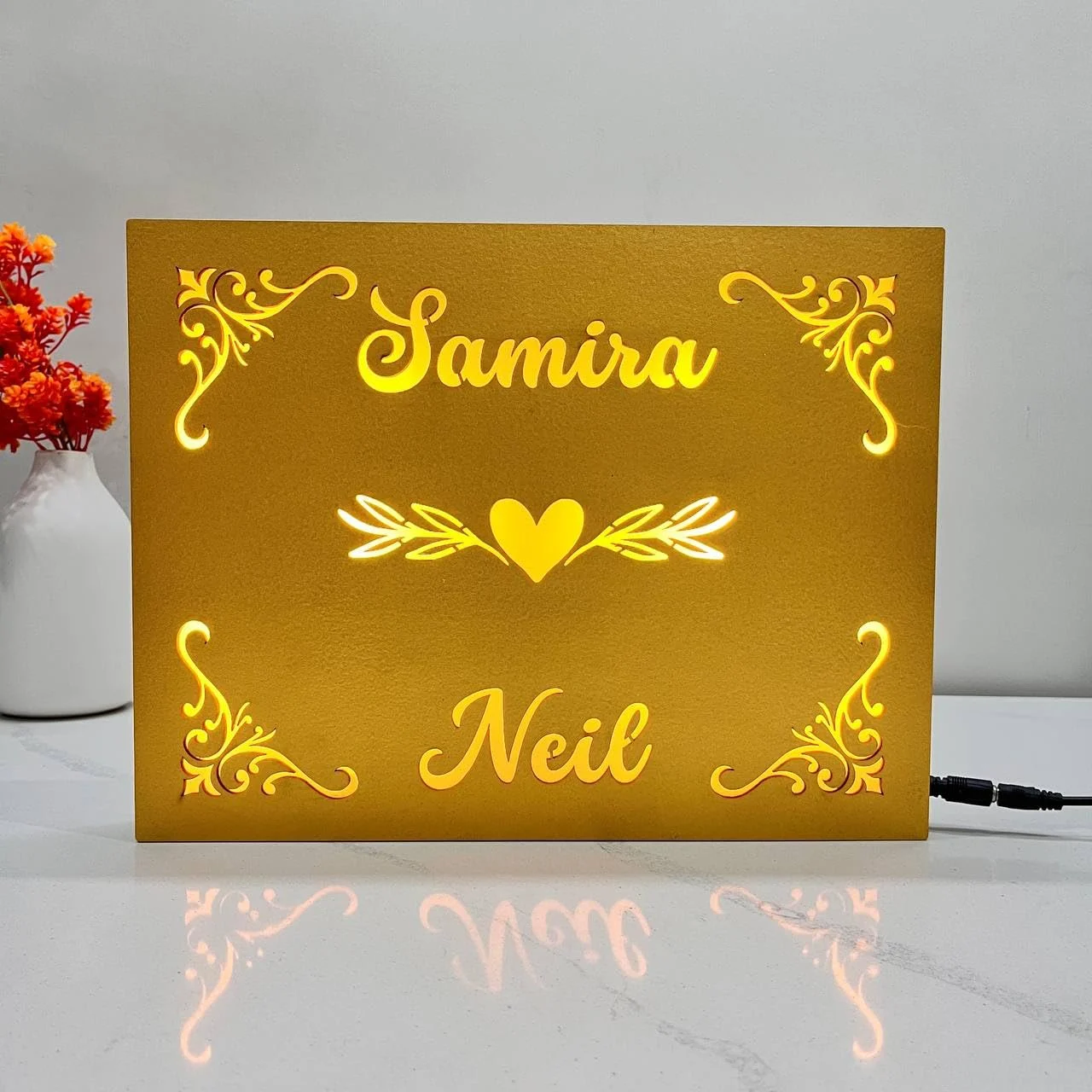 Golden floral couple name lamp