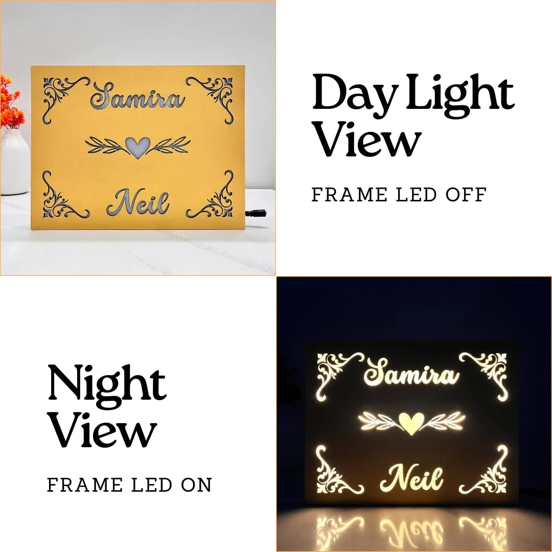 Golden floral couple name lamp – day and night view