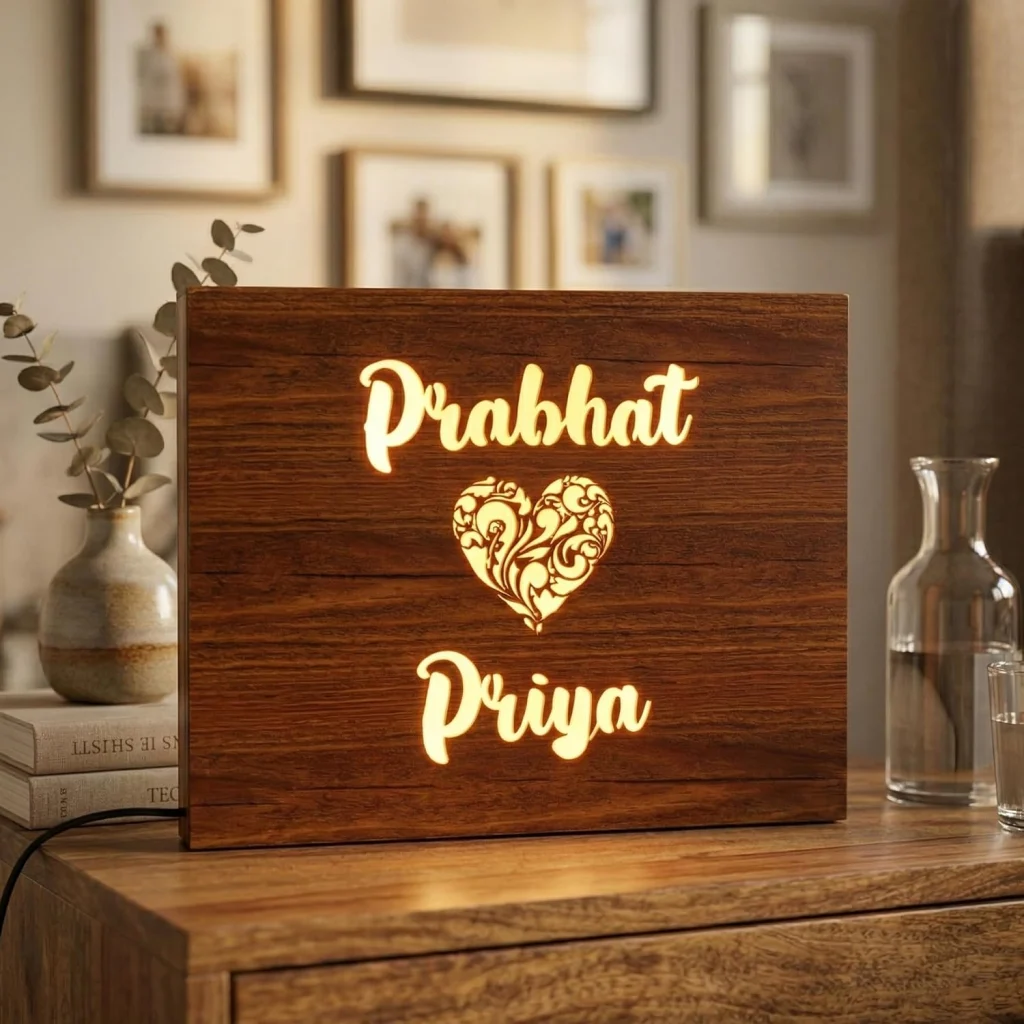 Golden oak couple name lamp