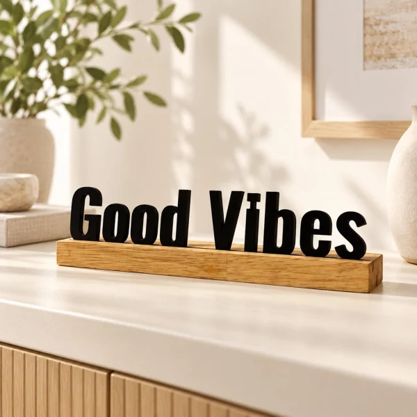 Good Vibes Wooden Table Sign – Positive Desk Decor